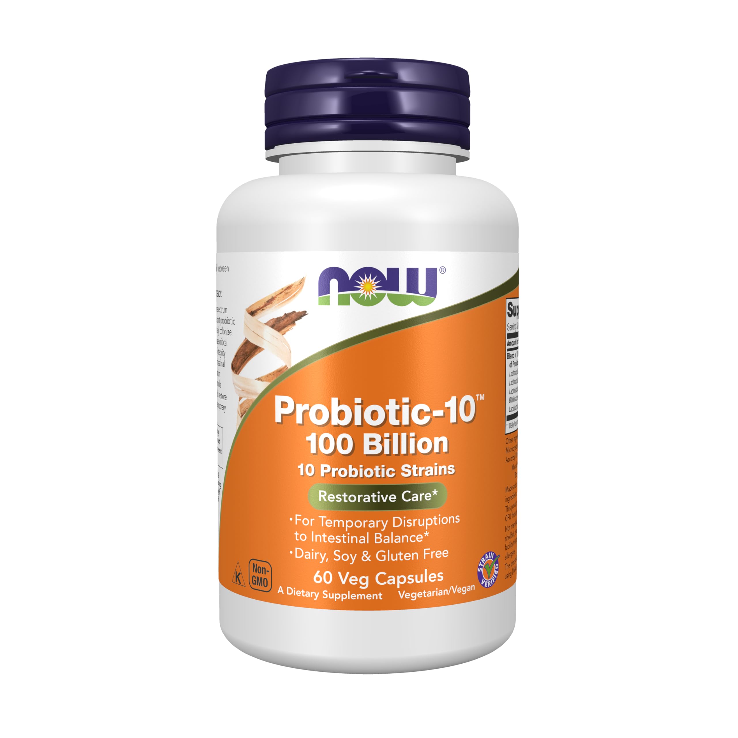 NOW Foods Probiotic-10 bottle shows 100 billion CFU for temporary gut balance.