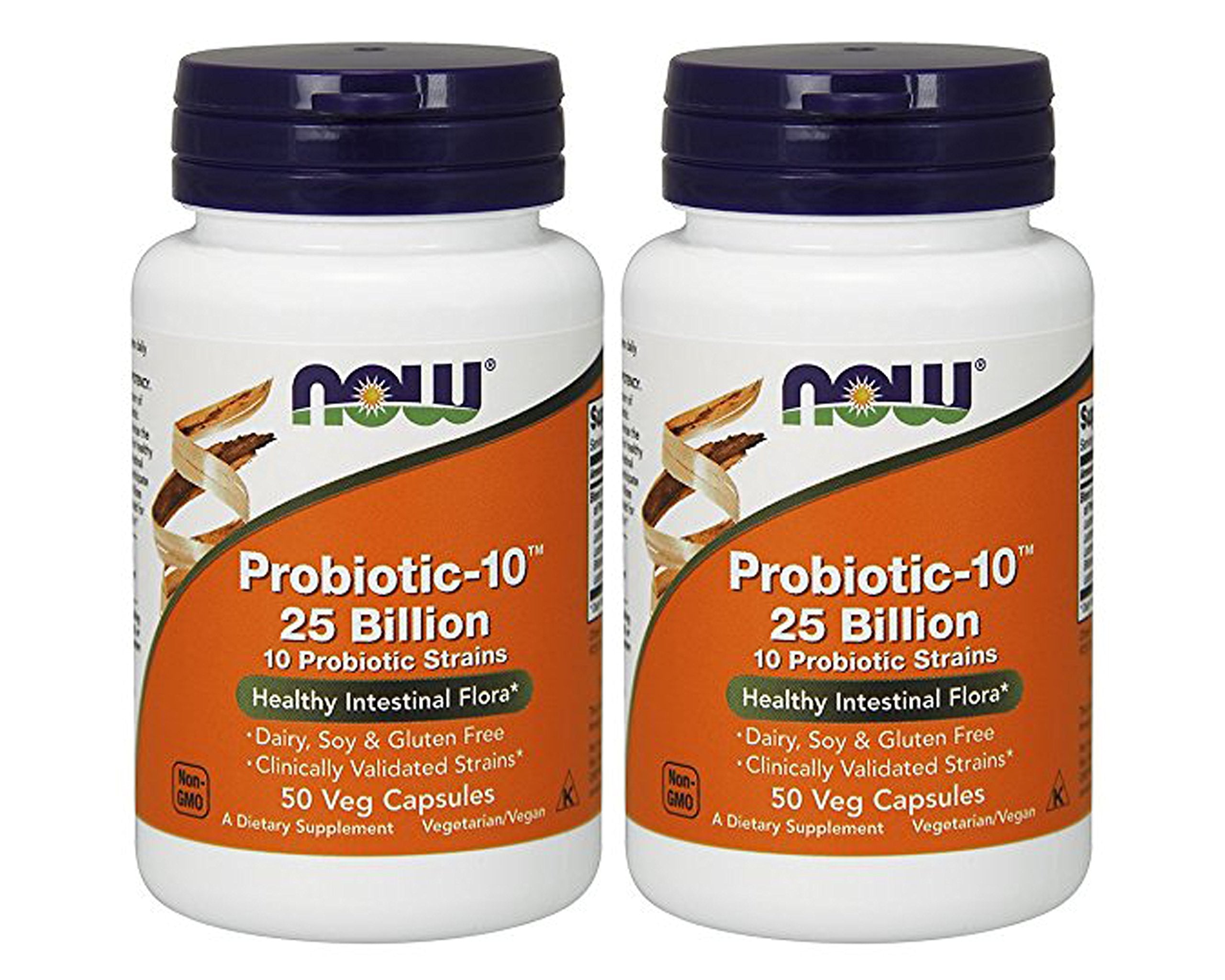 NOW Foods Probiotic-10 bottle front promotes digestive balance and immune support.