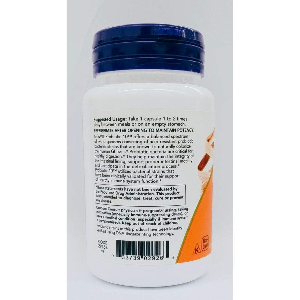 NOW Foods Probiotic-10 2-pack packaging shown for cost-effective daily probiotics