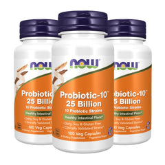 NOW Foods Probiotic-10 25 Billion bottle-front promotes daily digestive support.