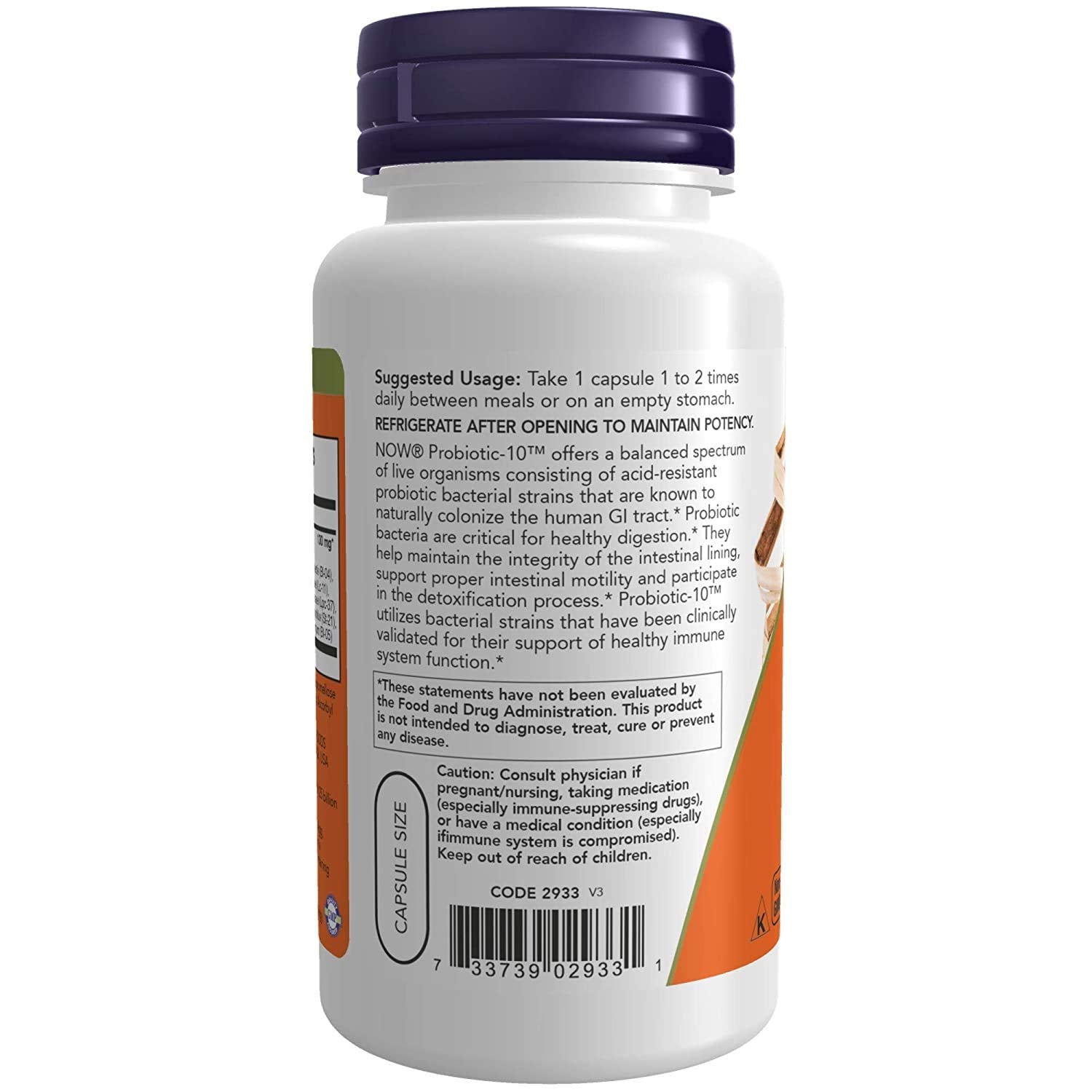 NOW Foods Probiotic-10 25 Billion capsules-closeup showcases easy-to-swallow capsules for daily use.