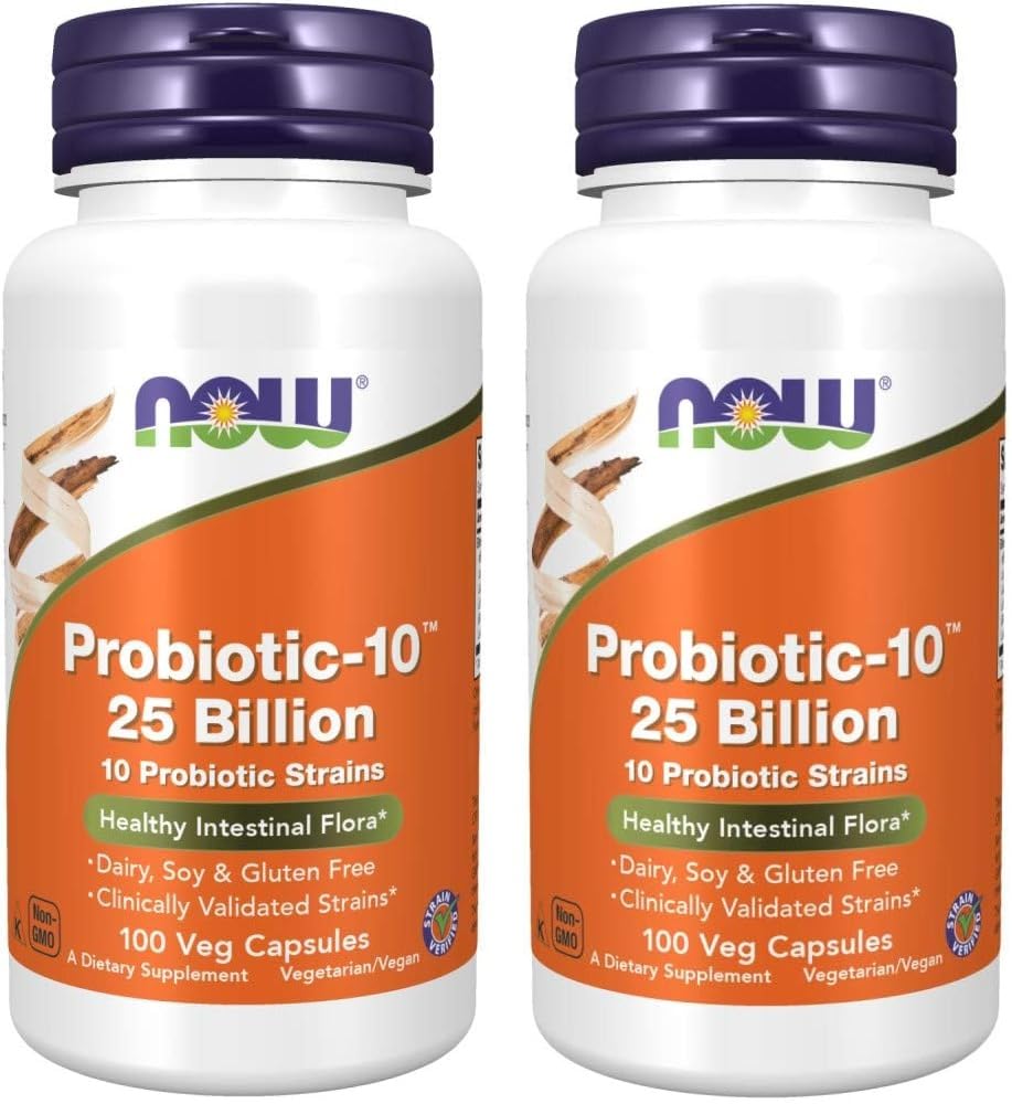 NOW Foods Probiotic-10 bottle front showing 25 Billion CFU per capsule.