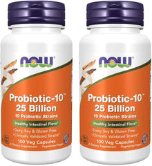 NOW Foods Probiotic-10 bottle front showing 25 Billion CFU per capsule.