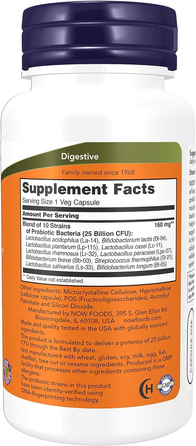 NOW Foods Probiotic-10 capsules close-up highlighting 10 strains.