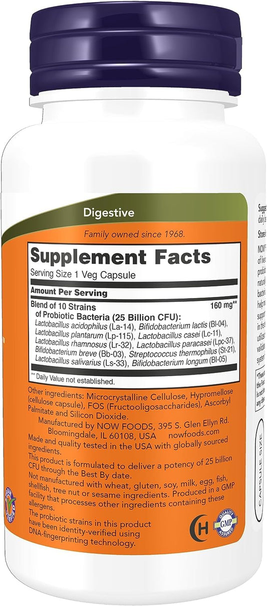 NOW Foods Probiotic-10 capsules close-up highlighting 10 strains.
