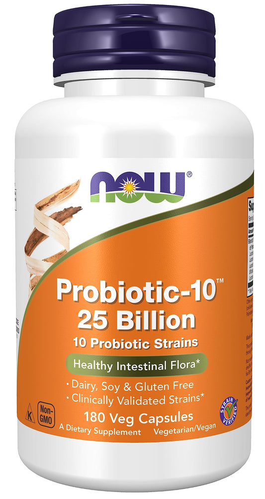 NOW Foods Probiotic-10 bottle with daily digestive support