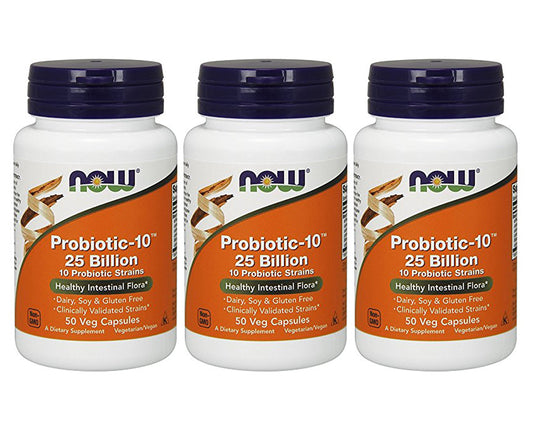 NOW Foods Probiotic-10 bottle pour supports digestive comfort and daily balance.