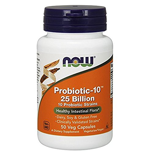 NOW Foods Probiotic-10 capsules closeup highlights acid-resistant strains for gut health.