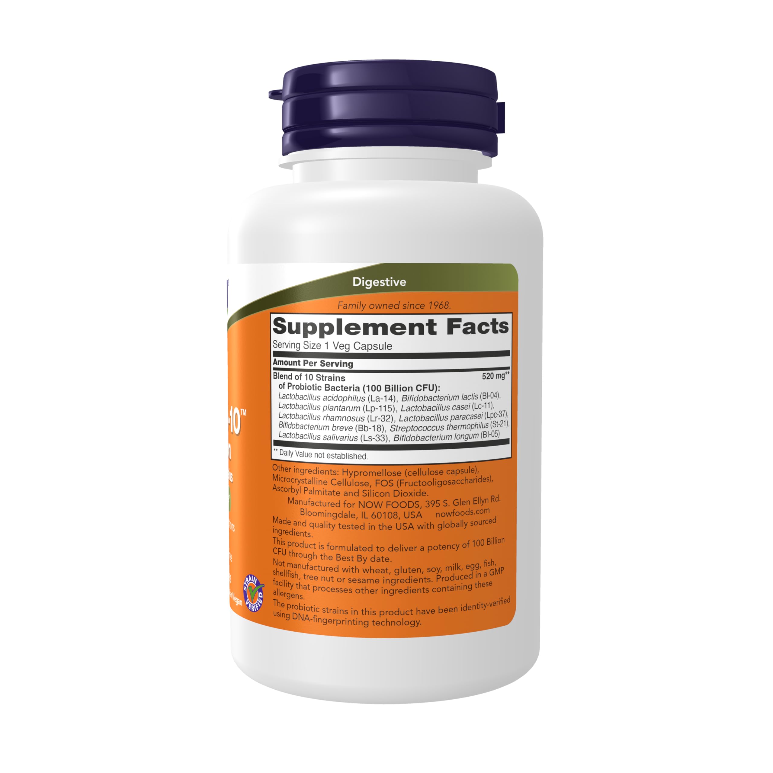NOW Foods Probiotic-10 capsules highlight ten strains for daily gut support.
