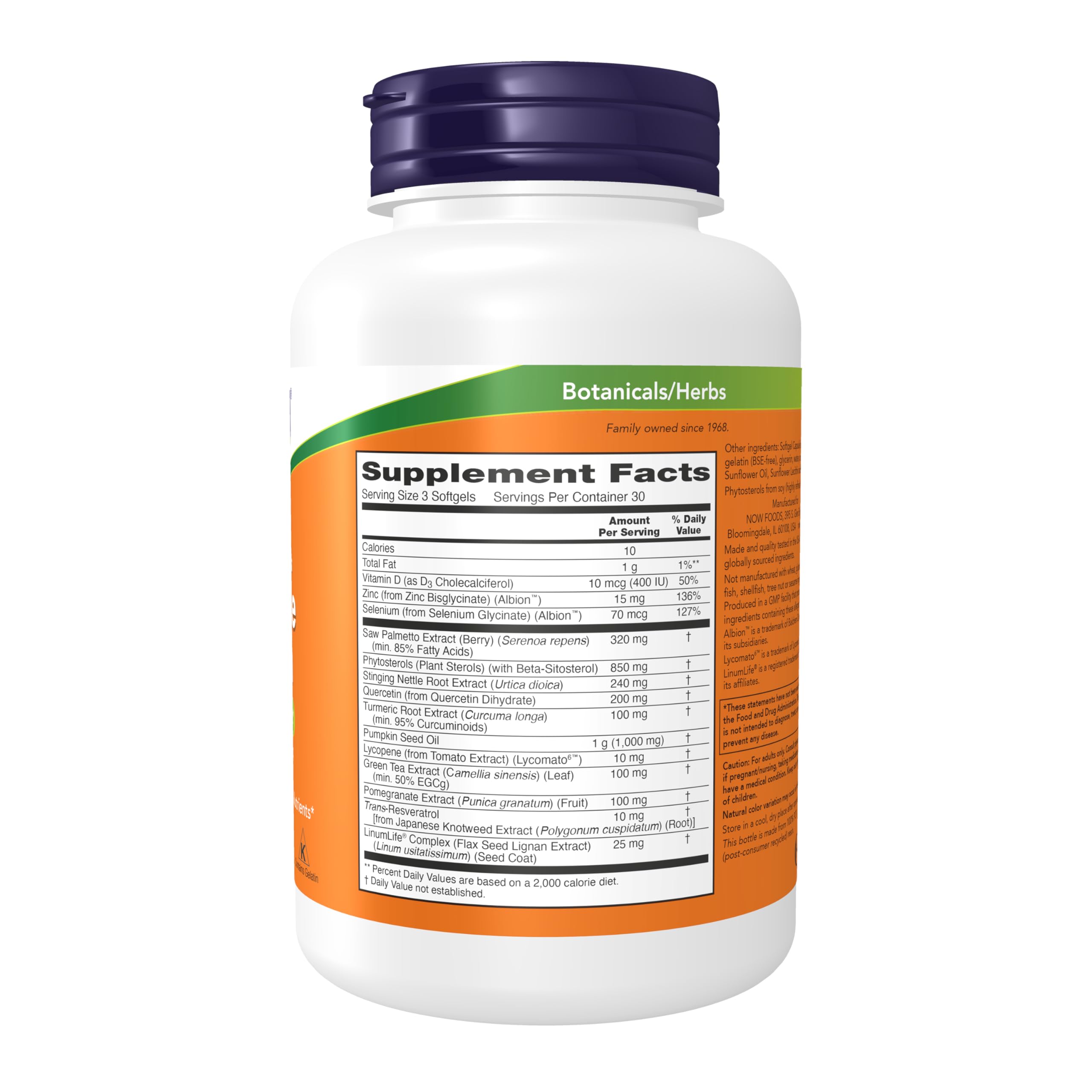 NOW Foods Prostate Health bottle label closeup highlights potent saw palmetto and lycopene blend