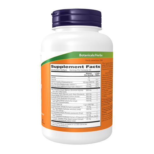 NOW Foods Prostate Health bottle label closeup highlights potent saw palmetto and lycopene blend