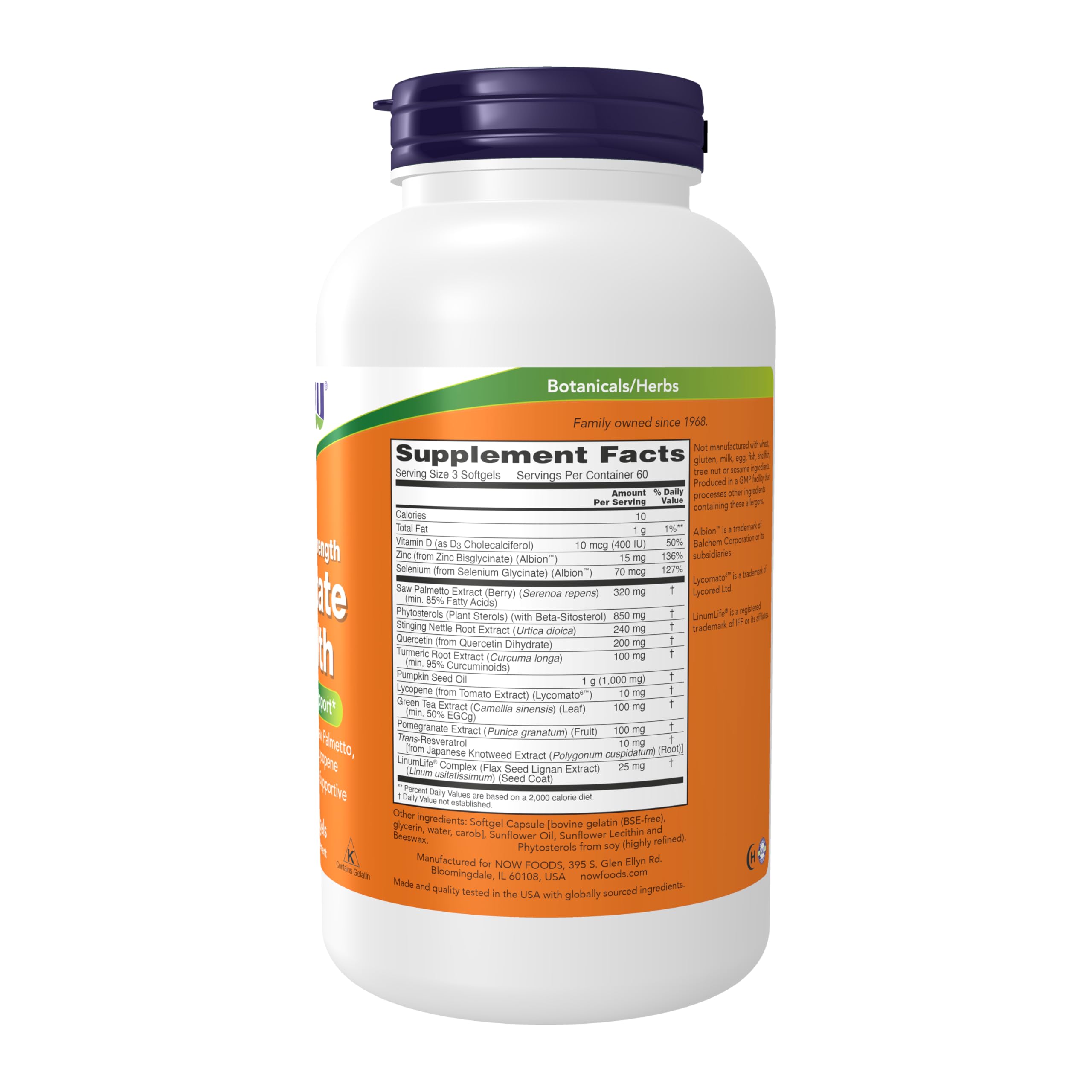 NOW Foods Prostate Health label close-up highlighting clinical-strength ingredients