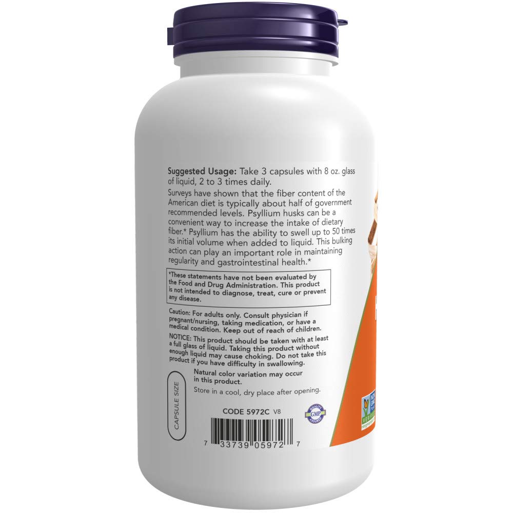NOW Foods Psyllium Husk 500mg bottle back label with certifications and usage directions.