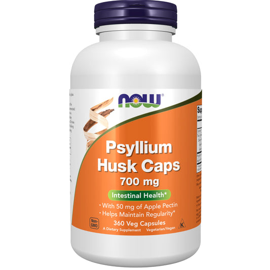 NOW Foods psyllium husk caps bottle for convenient daily fiber support.