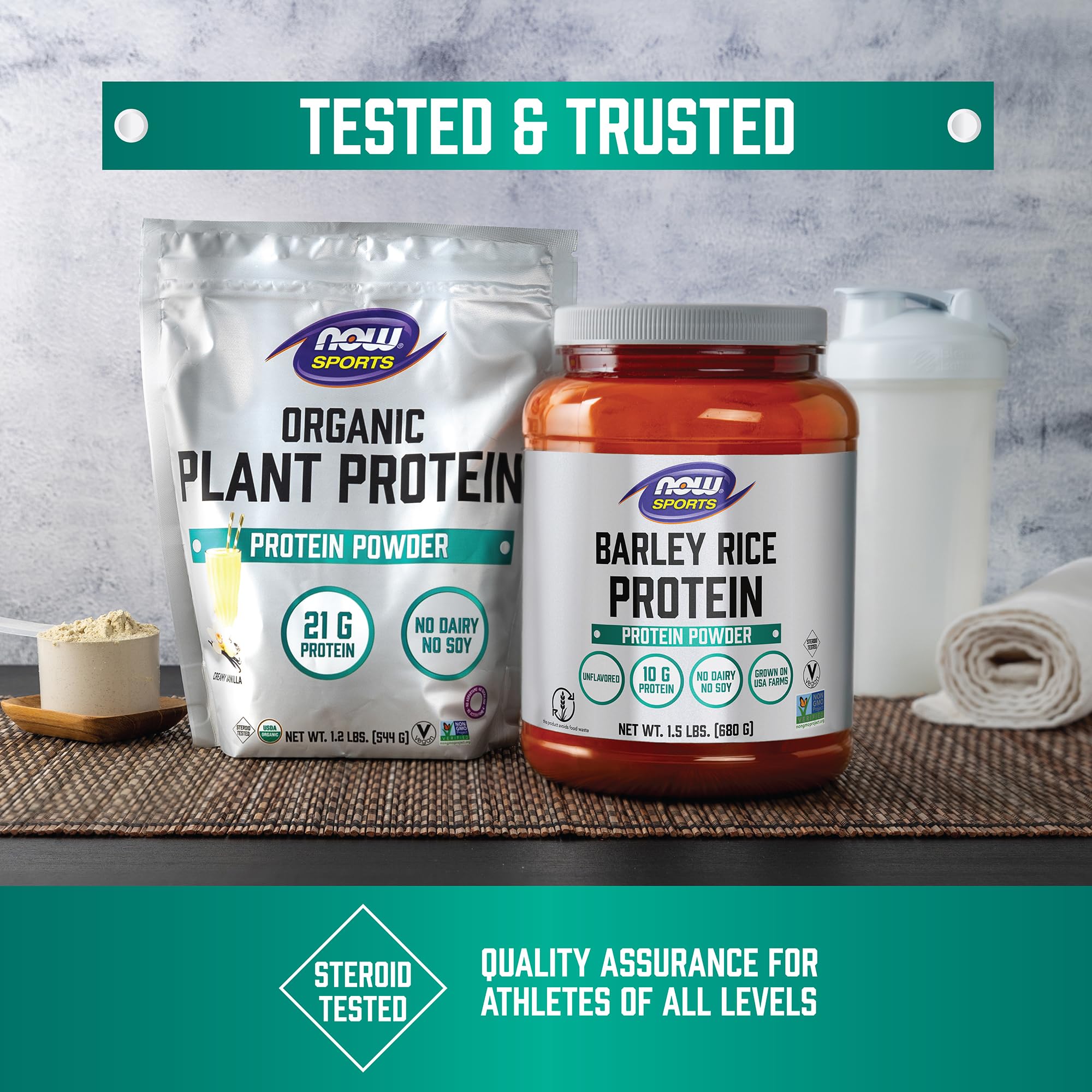 NOW Foods Pumpkin Seed Protein powder bottle with glass and measuring scoop