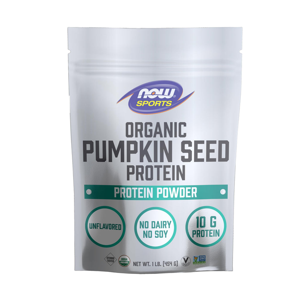 NOW Foods Pumpkin Seed Protein powder tub on kitchen counter ideal for plant-based meals