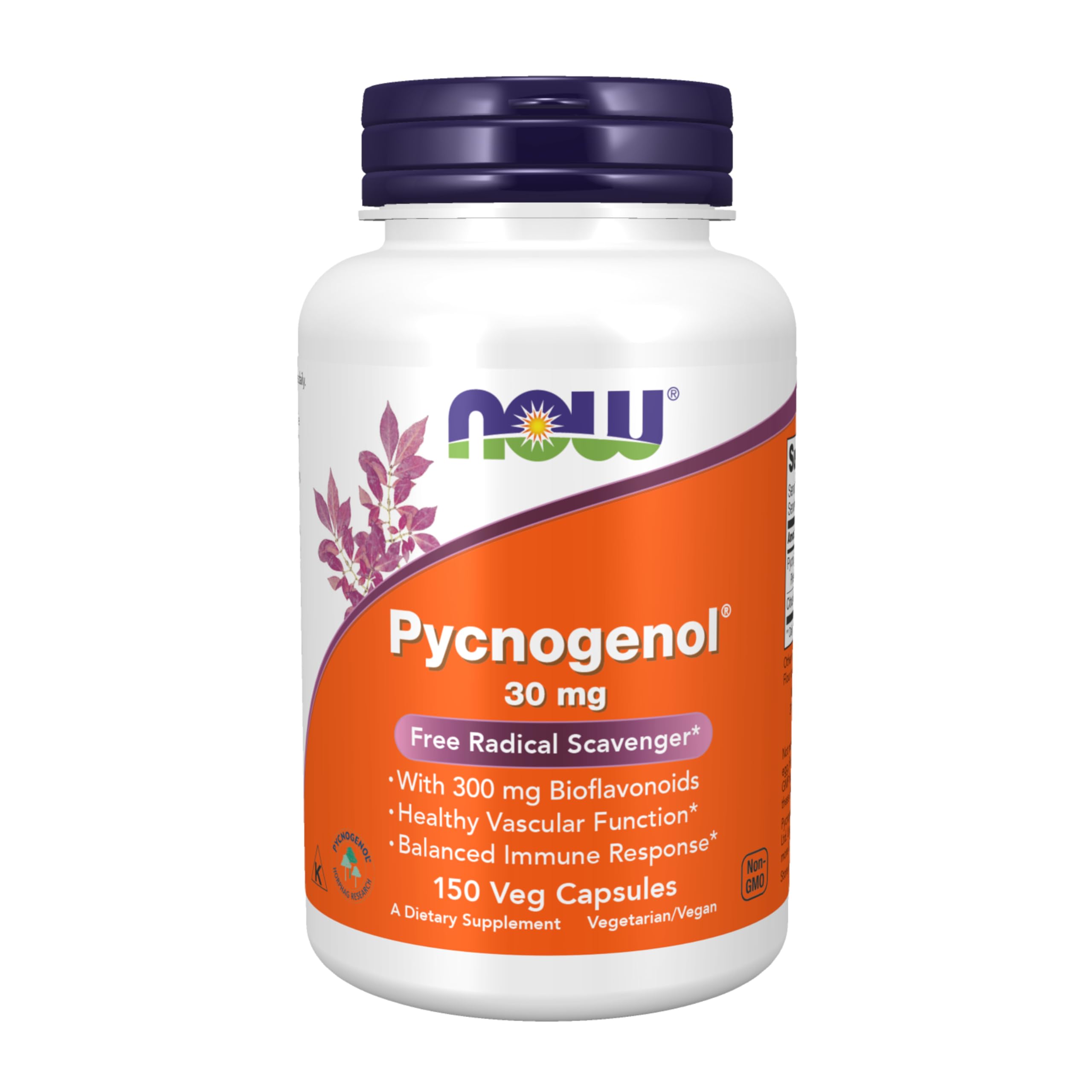 NOW Foods Pycnogenol bottle on white background suggesting vascular support