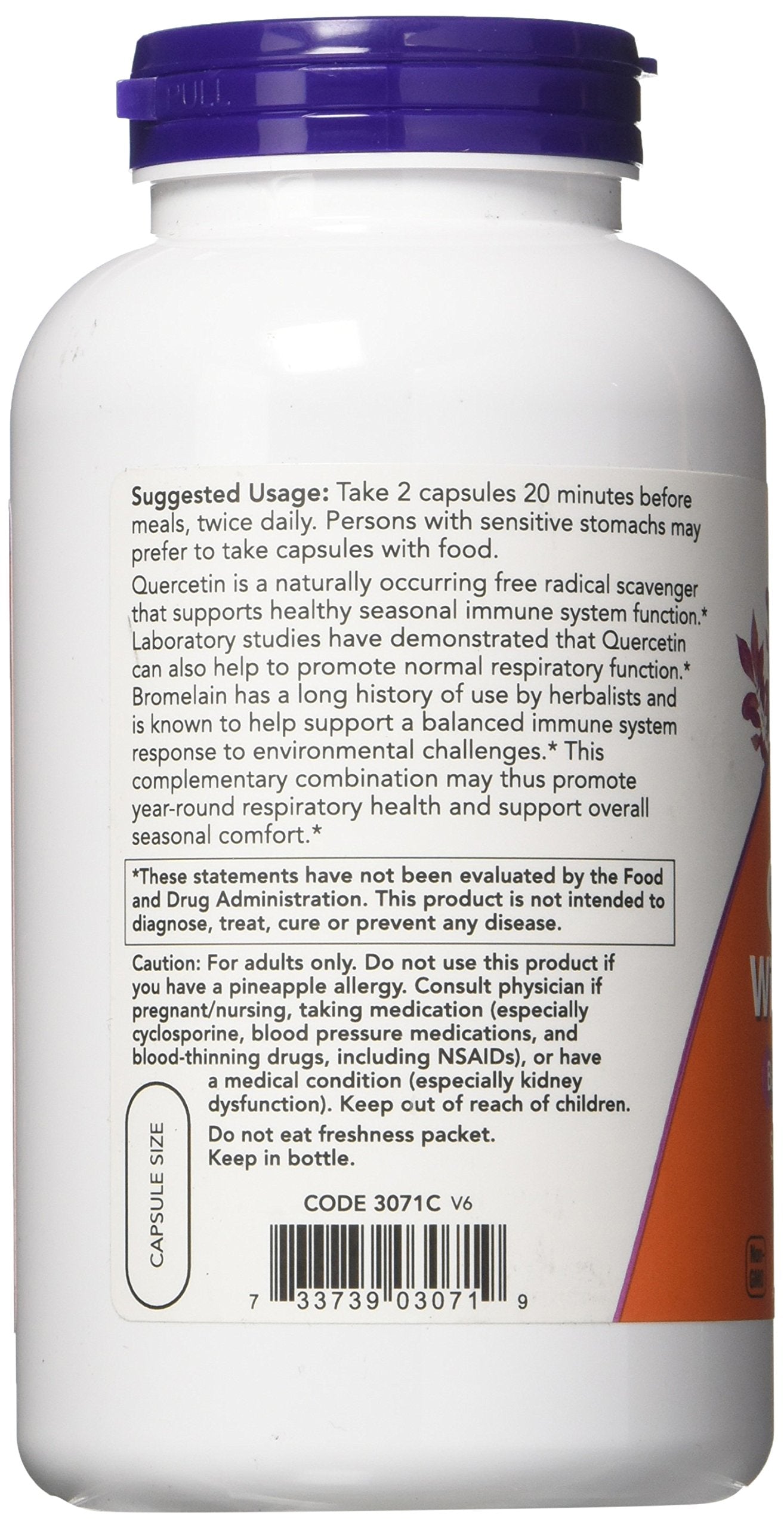 NOW Foods Quercetin with Bromelain pineapple-origin bromelain source highlighted.