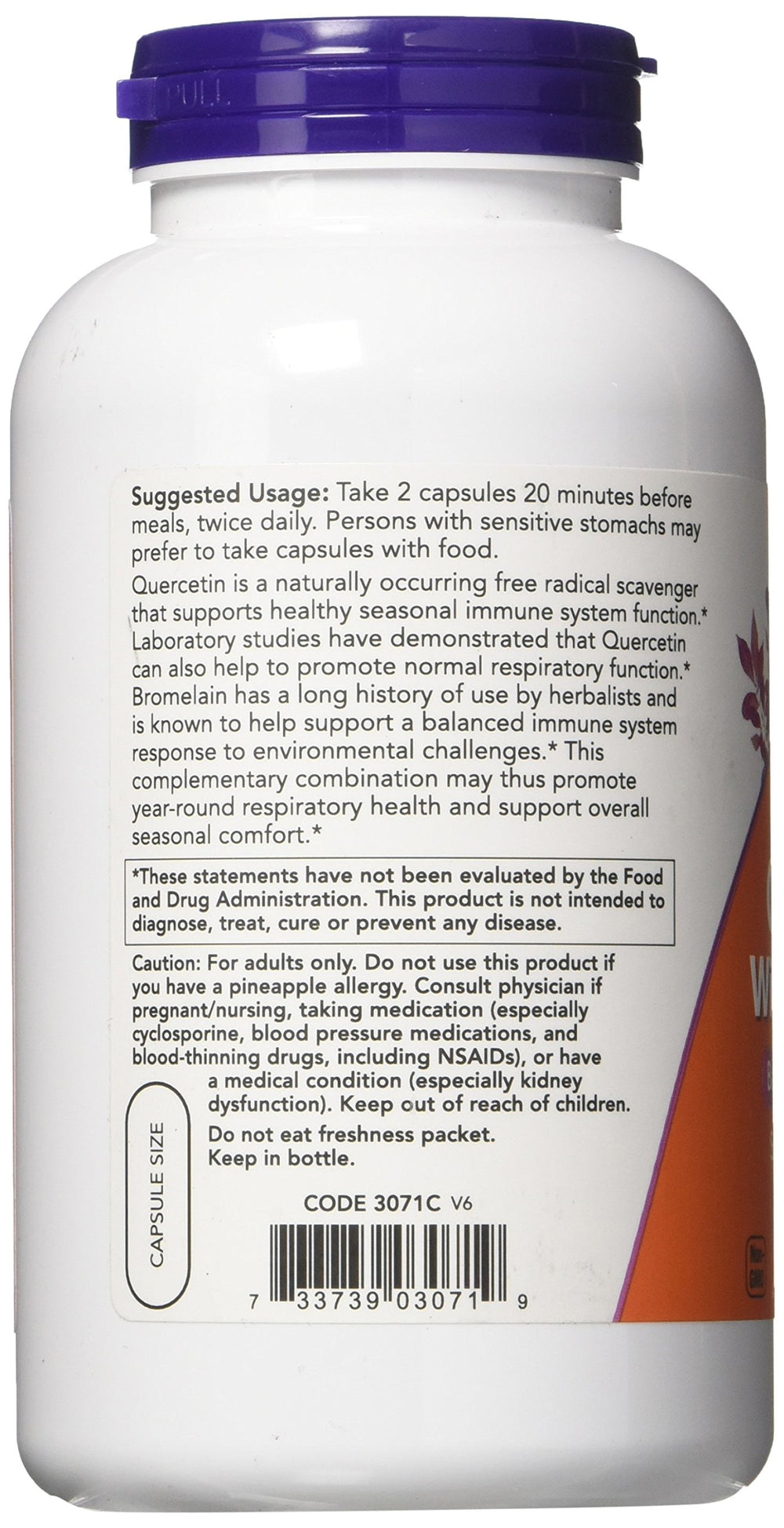 NOW Foods Quercetin with Bromelain pineapple-origin bromelain source highlighted.