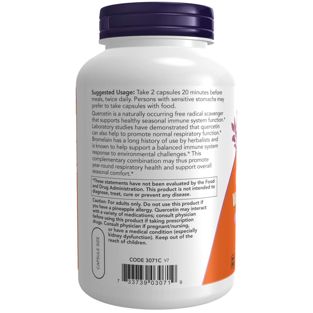 NOW Foods Quercetin with Bromelain capsules closeup shows veggie capsules for easy swallowing.