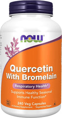 NOW Foods Quercetin with Bromelain packaging emphasizes USA-made quality and care.