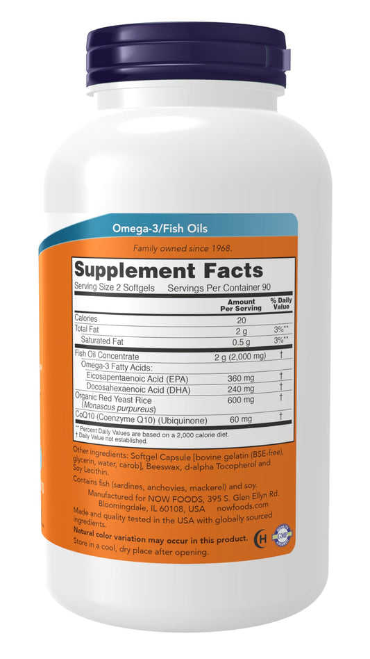 NOW Foods Red Omega CoQ10 softgels close-up emphasizing heart-supporting CoQ10