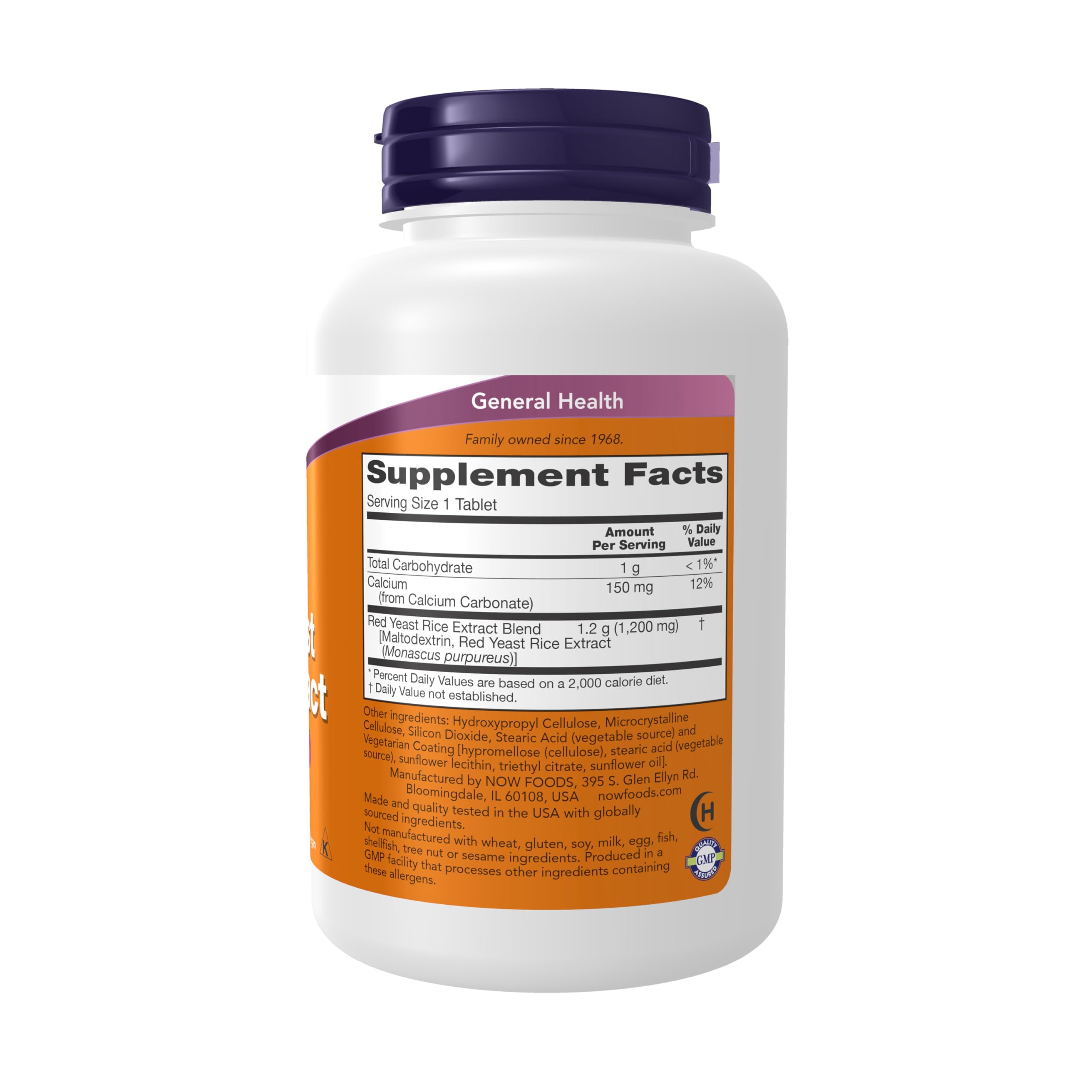 NOW Foods Red Yeast Rice label highlights 1200 mg per tablet and quality tested assurances.