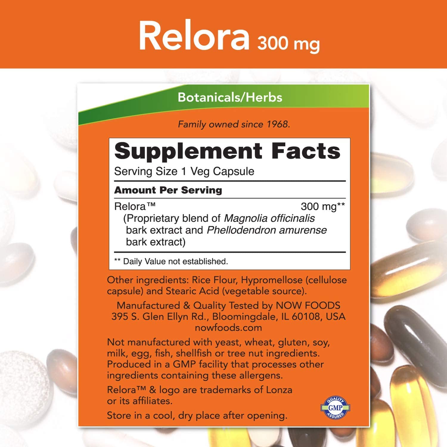NOW Foods Relora capsules pour from bottle, highlighting easy dosing for stress-related eating.