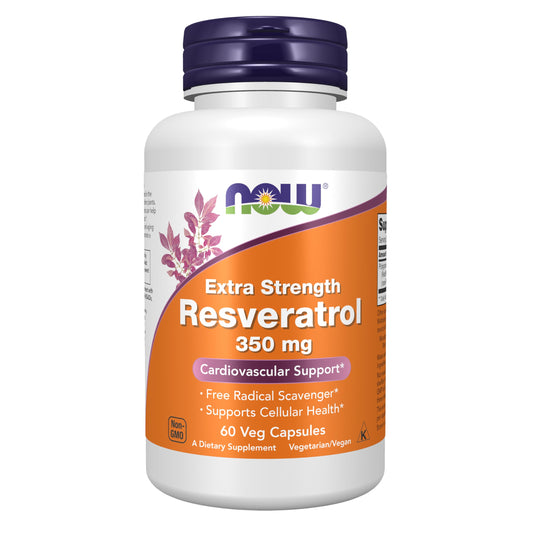 NOW Foods Resveratrol bottle exterior with capsules for antioxidant support.