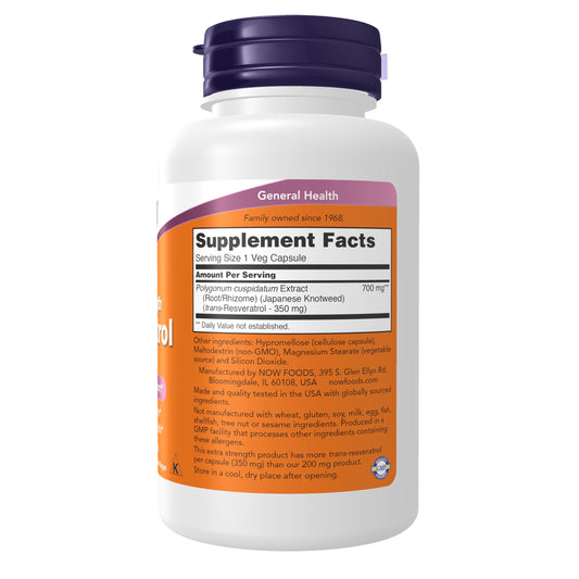 NOW Foods Resveratrol capsules close-up highlighting 350 mg per cap.