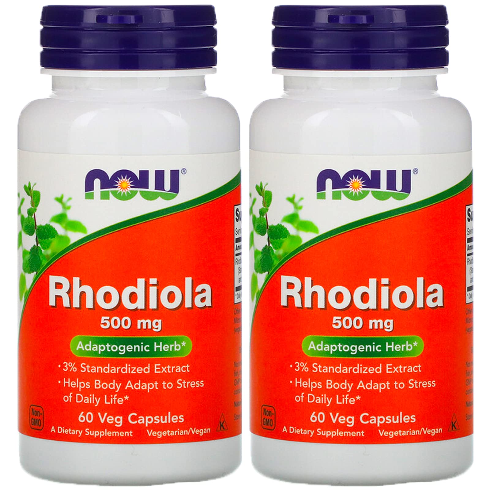 NOW Foods Rhodiola 500 mg bottle emphasizing 3% rosavins and 1% salidroside for daily adaptation