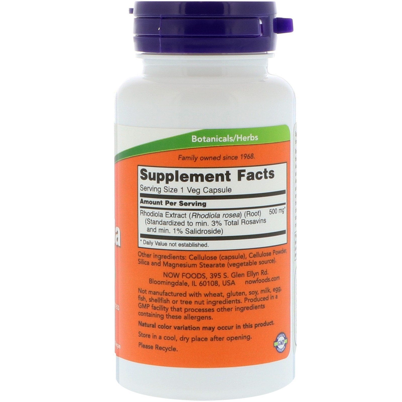 NOW Foods Rhodiola 500 mg capsules shown for convenient, vegan, non-GMO daily use