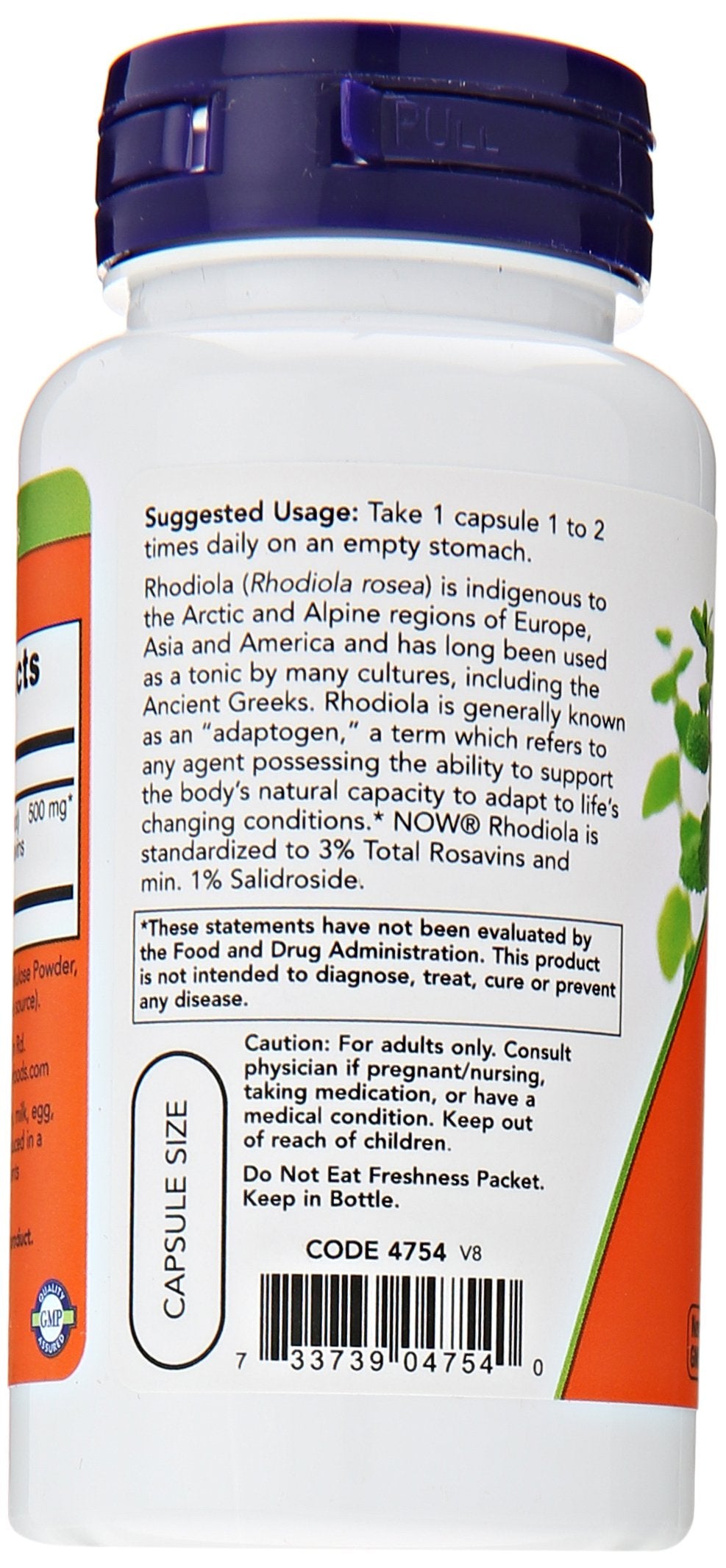 NOW Foods Rhodiola Rosea bottle back highlights 3% rosavins and 1% salidroside.