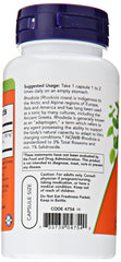 NOW Foods Rhodiola Rosea bottle back highlights 3% rosavins and 1% salidroside.
