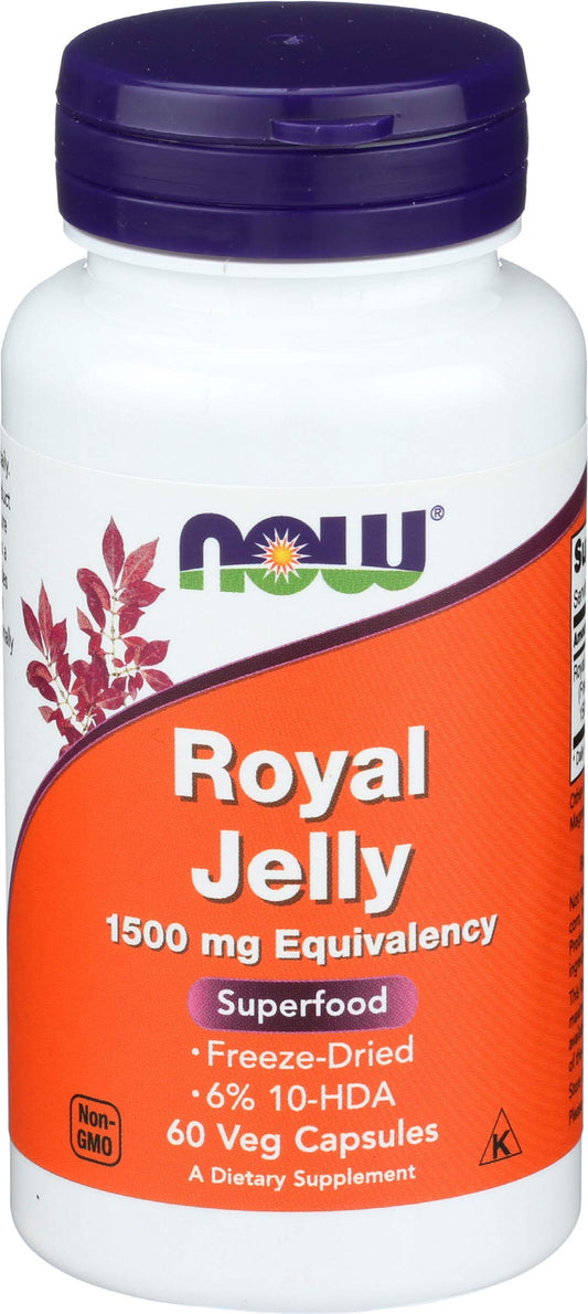 NOW Foods Royal Jelly 1500mg bottle front; gluten-free daily wellness capsule.