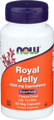 NOW Foods Royal Jelly 1500mg bottle front; gluten-free daily wellness capsule.