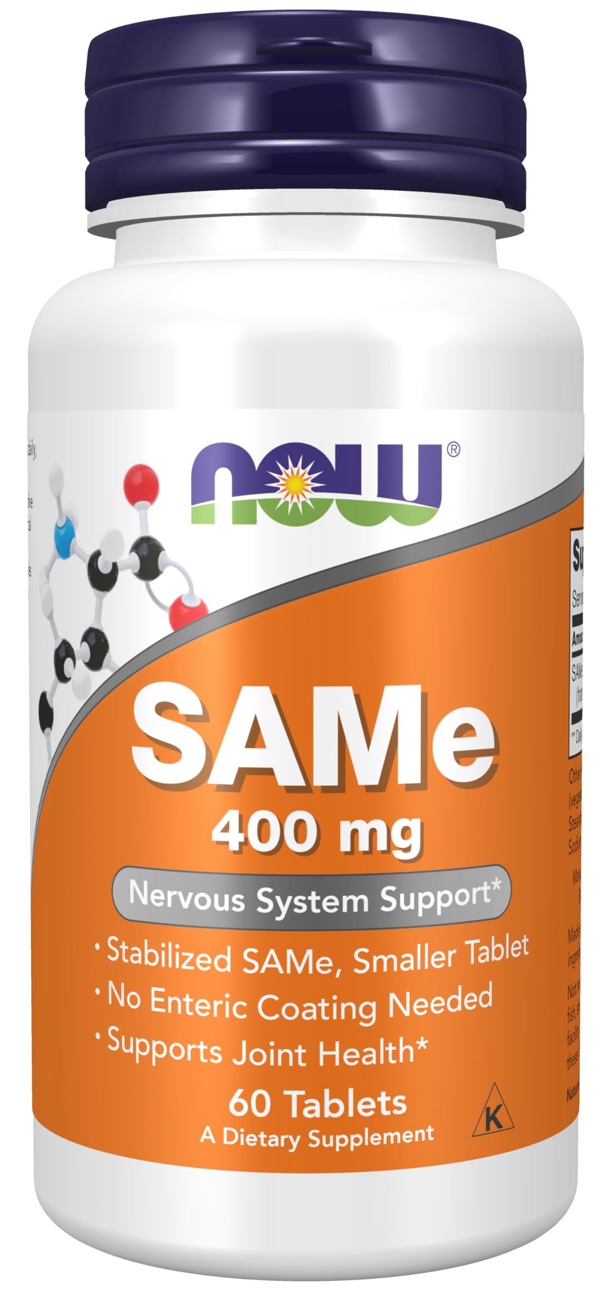 NOW Foods SAMe 400 mg tablet front view, oval shape for potential joint and mood support.