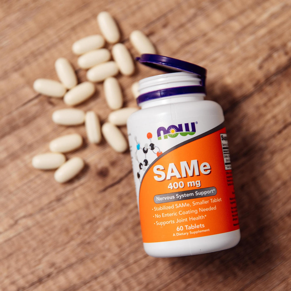 NOW Foods SAMe ingredients closeup showing dairy-free and gluten-free attributes.