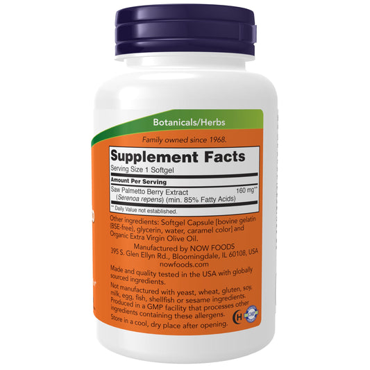 NOW Foods Saw Palmetto bottle close-up with quality certifications