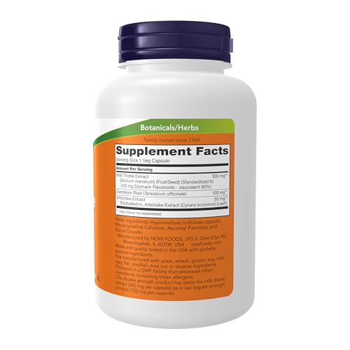 NOW Foods Silymarin capsules pouring from a bottle, highlighting double strength formula.