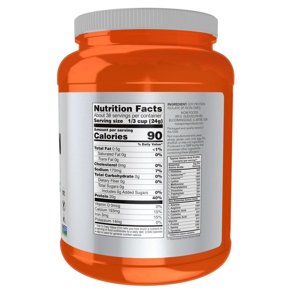 NOW Foods Soy Protein Isolate serving scoop close-up showing 20 g protein per serving