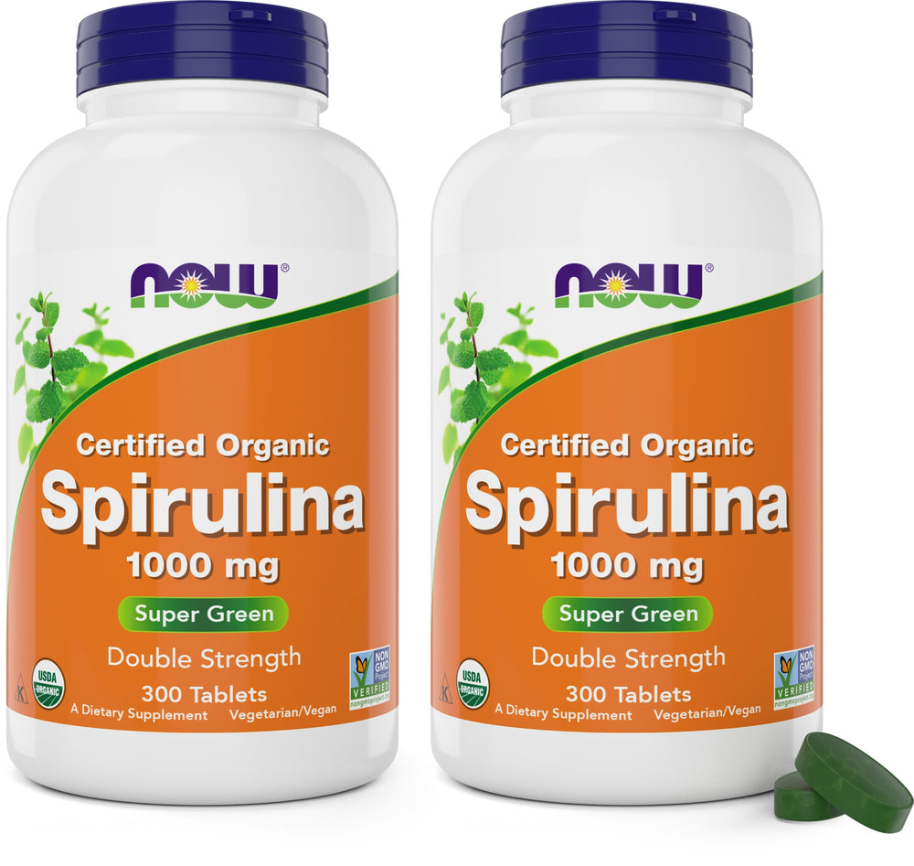 NOW Foods Spirulina 1000 mg tablets bottle front showing organic and non-GMO credentials for daily greens