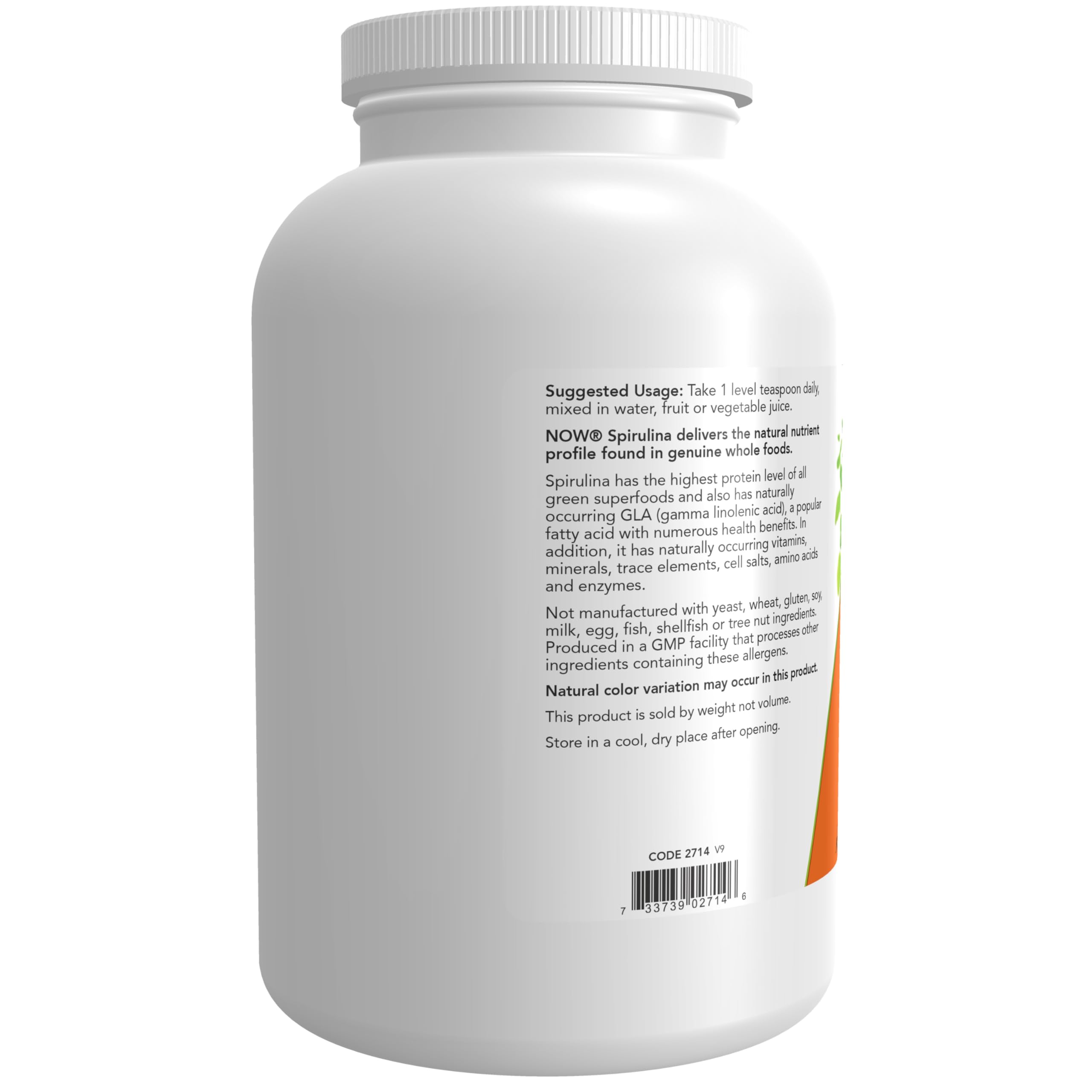NOW Foods Spirulina powder pouring into shaker, easy daily supplement