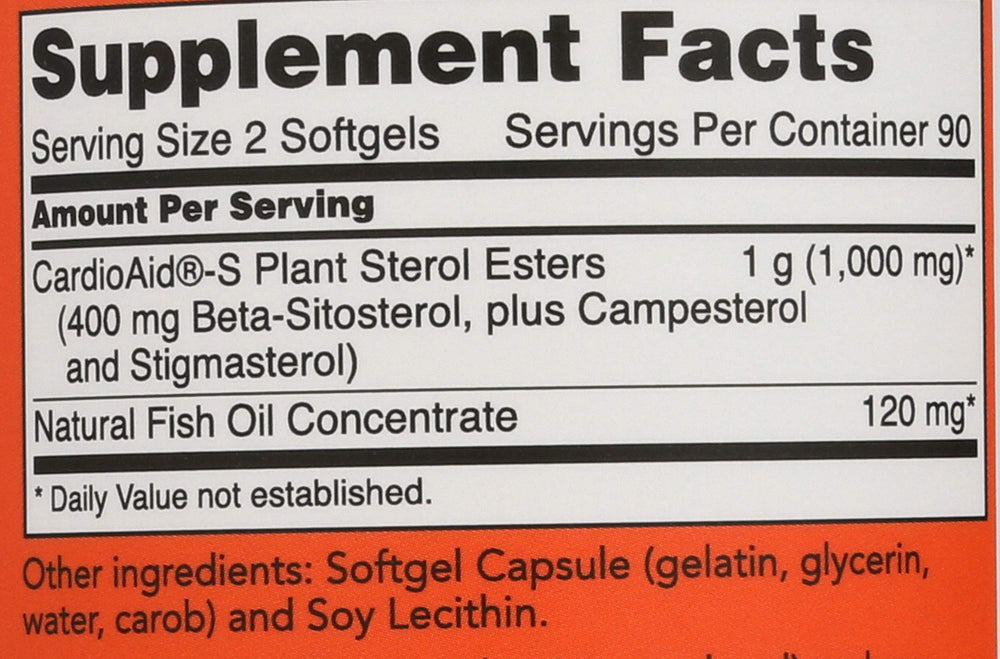 NOW Foods SPO beta-sitosterol fish oil label closeup highlights ingredients and serving size.
