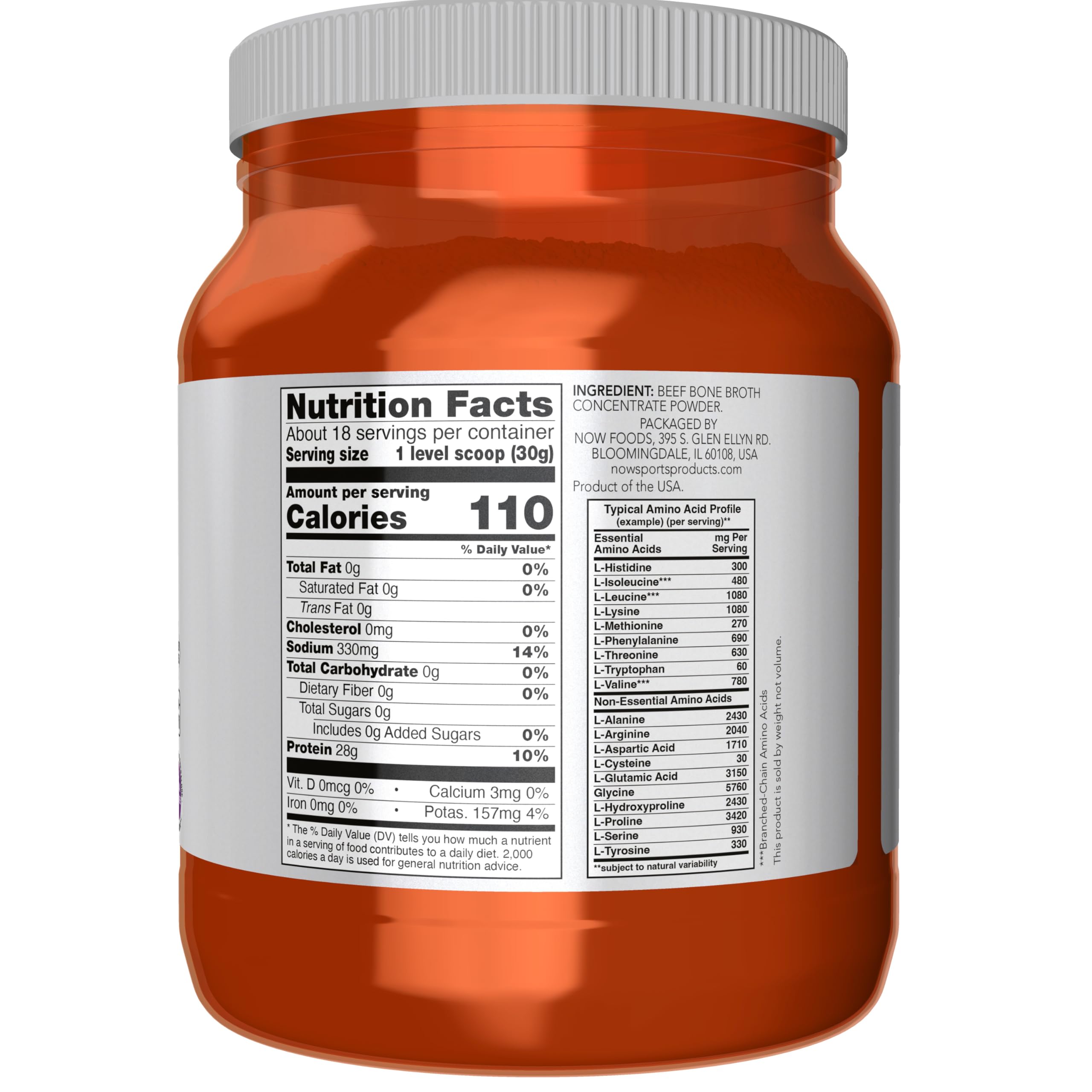 NOW Foods Sports Beef Bone Broth Powder delivers 28 g protein per serving for active nutrition