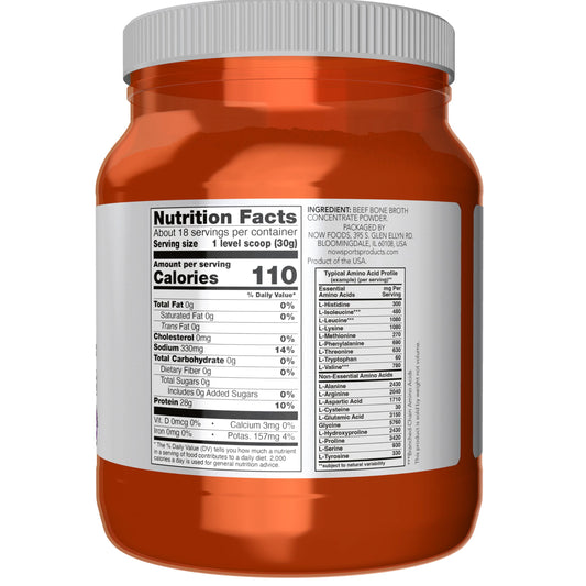 NOW Foods Sports Beef Bone Broth Powder delivers 28 g protein per serving for active nutrition