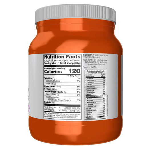NOW Foods Chicken Bone Broth Powder scoop beside bottle for easy mixing