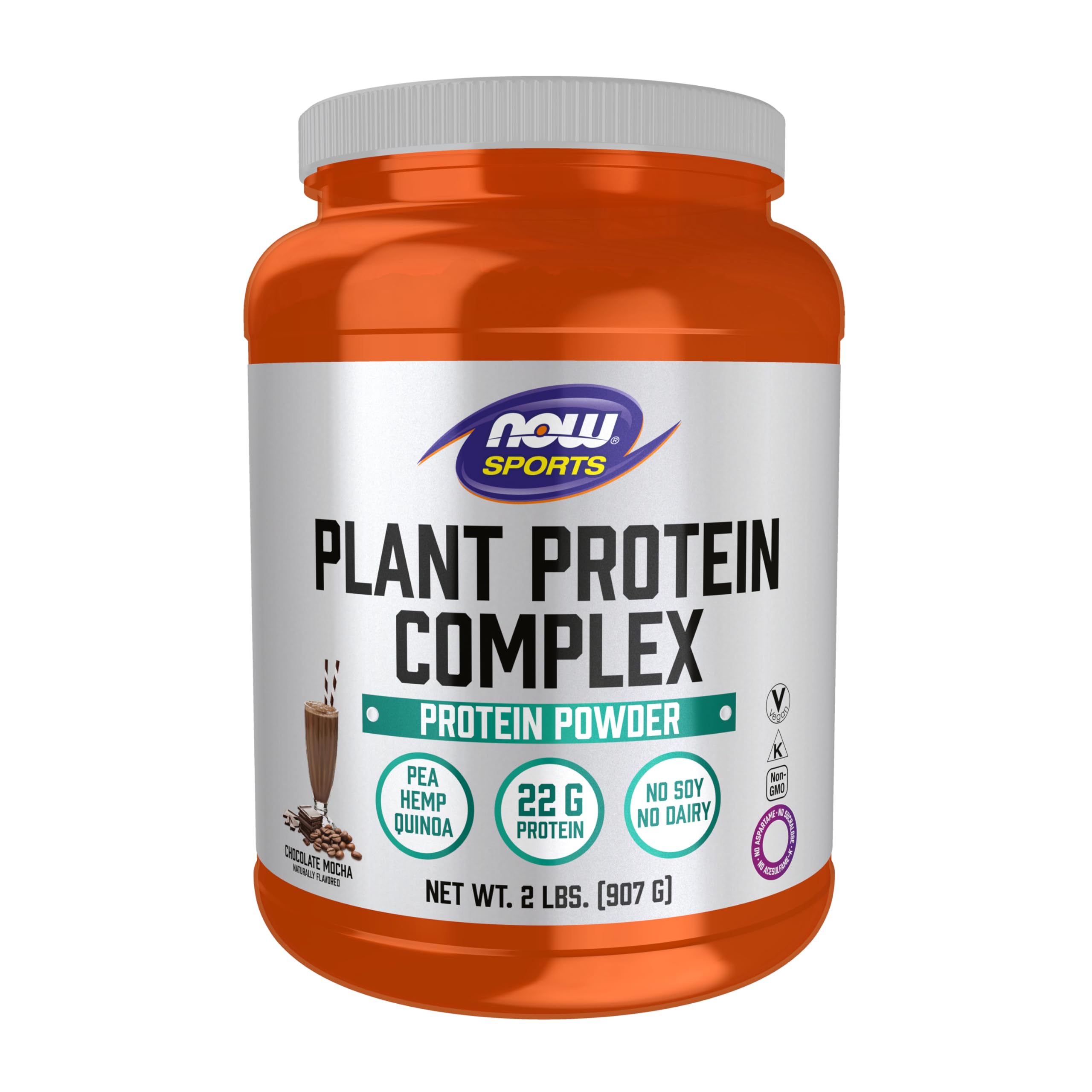 NOW Foods Plant Protein Complex container front highlights chocolate mocha flavor and plant protein.