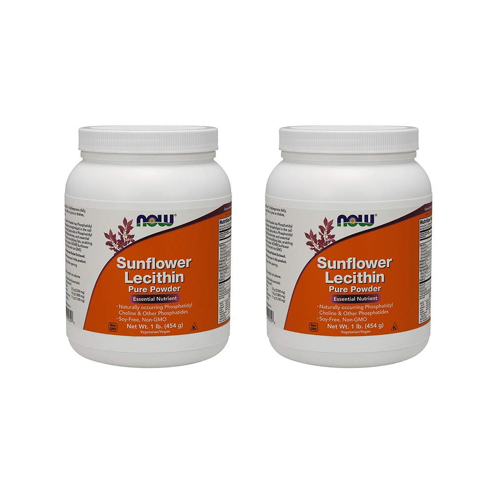 NOW Foods Sunflower Lecithin Powder 2-pack packaging shows soy-free, non-GMO formula for emulsifying foods.