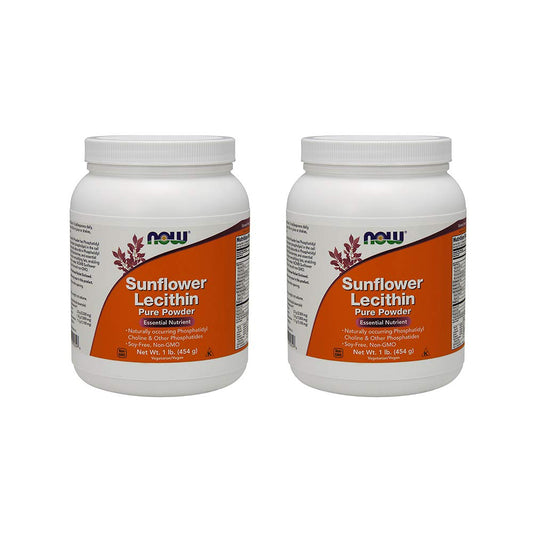 NOW Foods Sunflower Lecithin Powder 2-pack packaging shows soy-free, non-GMO formula for emulsifying foods.